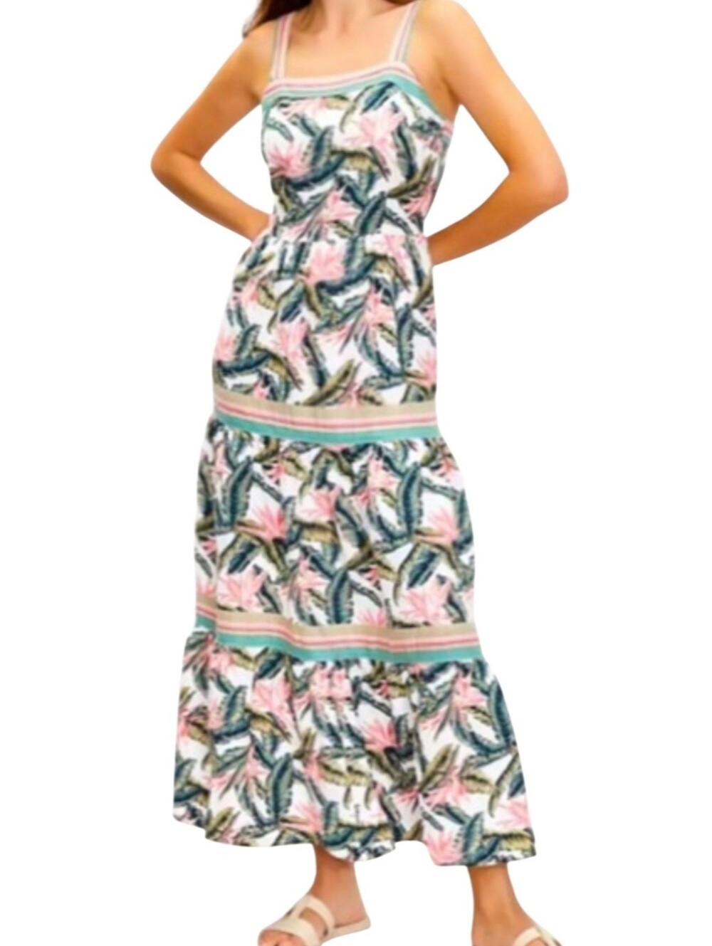 LOFT Pink & Green Tropical Floral Linen Blend Maxi Dress Size 2 - Picture 2 of 8